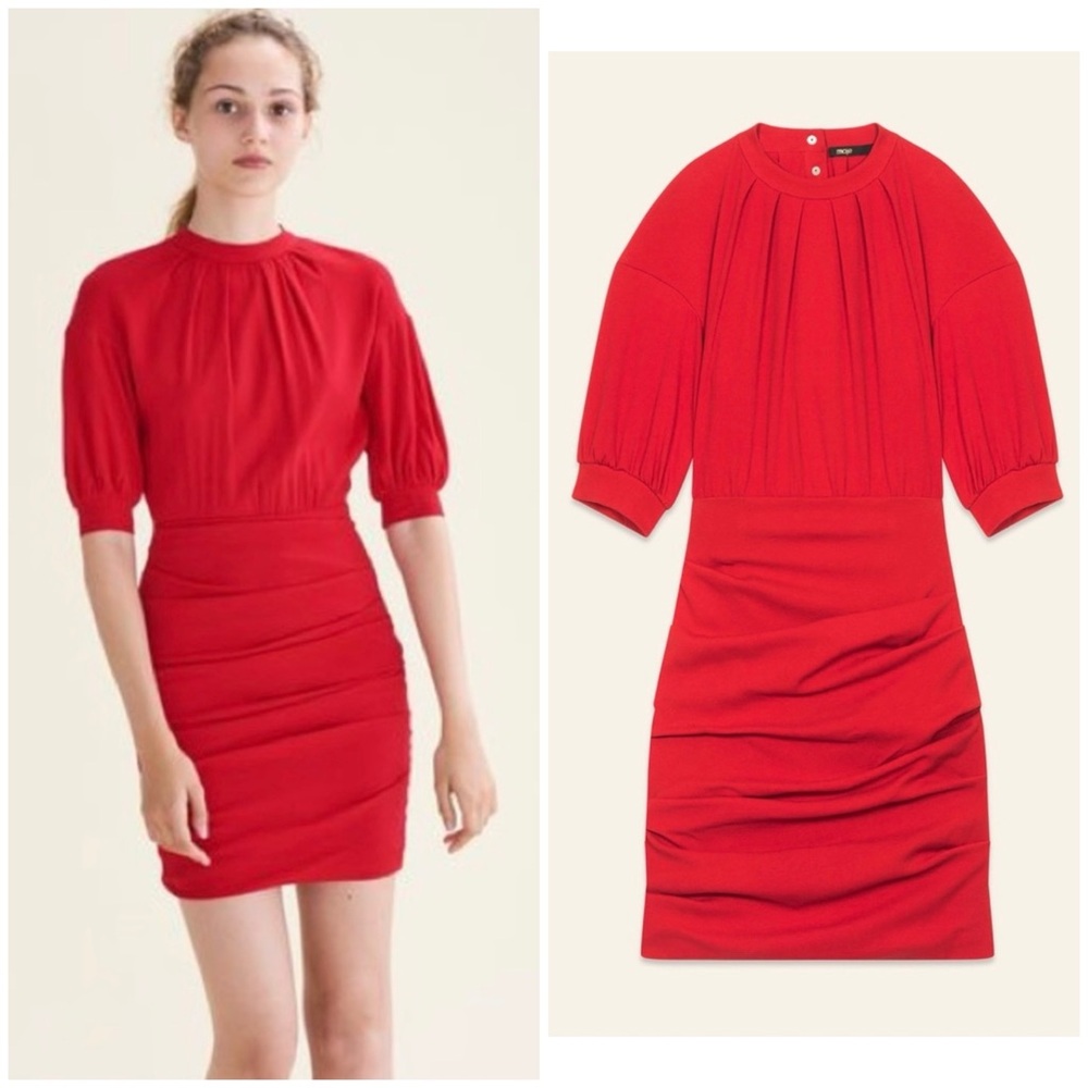MAJE Roxia Crepe Ruched Pleated Blouson Mini Dress NWT